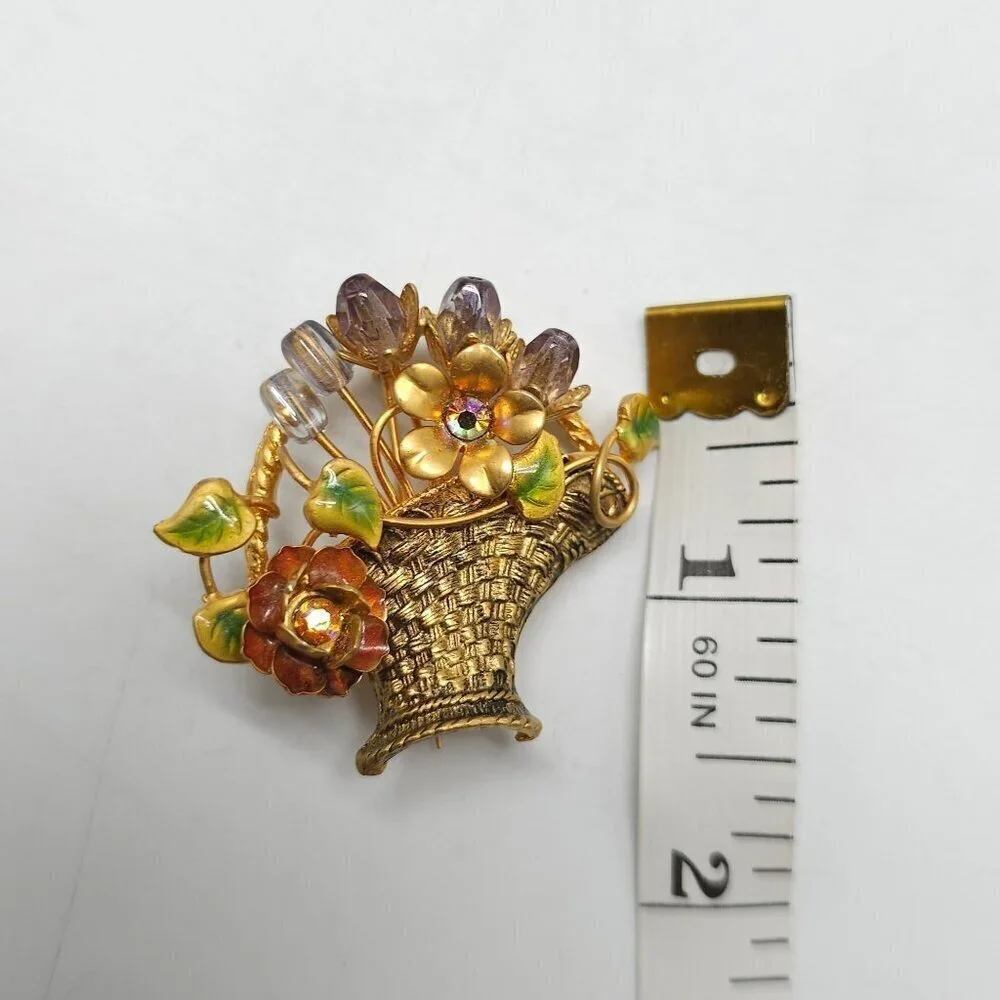 Vintage Floral Basket Brooch With Rhinestone Accents Enamel Details